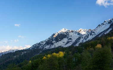 Krasnodar bölgesi, Krasnaya Polyana tatil köyü, Kafkasya sıradağları, Soçi 'de mavi gökyüzüne karşı güzel karla kaplı dağlar.