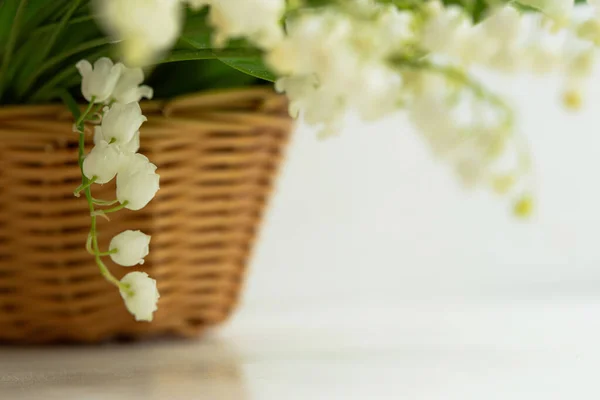 Lilies of the valley in a basket close-up. Lily of the valley flowers in selective focus. White may flowers. Blurred background. Low depth of field. Spring village background with a wicker basket.