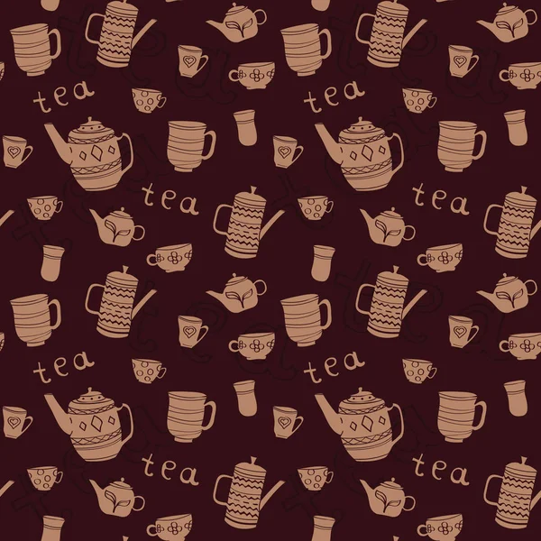 茶壶和茶杯的棕色模式. — 图库矢量图片