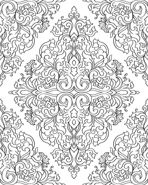 Абстрактный Шаблон Дамаском Бесшовный Цветочный Филигранный Орнамент Черно Белый Шаблон — стоковый вектор