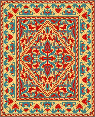 Halı, tekstil ve şal için renkli şablon. Mavi ve kırmızı arkaplan ve maske. Yılanlı kusursuz sembolik süs. Çerçeveli çiçek deseni. 