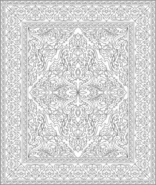 Halı, tekstil ve şal için siyah beyaz şablon. Doğu vektör arkaplanı. Çerçeveli çiçek deseni. 