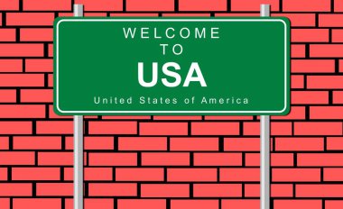 İllüzyon. Usa 'ya hoş geldiniz, yol kenarı tabelası. Kırmızı tuğla arka planda poster. 