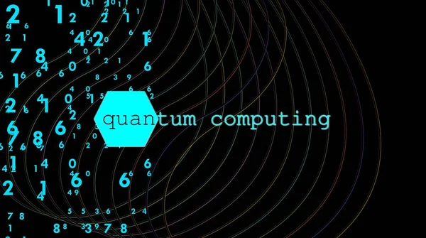 Illustration is referring to new technologies and technological innovation. Dark background with random numbers and curved lines. Quantum computing, based on cubits, new algorithms. Speed computation.