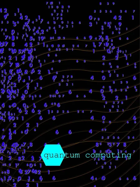 Illustration is referring to new technologies and technological innovation. Dark background with random numbers and curved lines. Quantum computing, based on cubits, new algorithms. Speed computation.