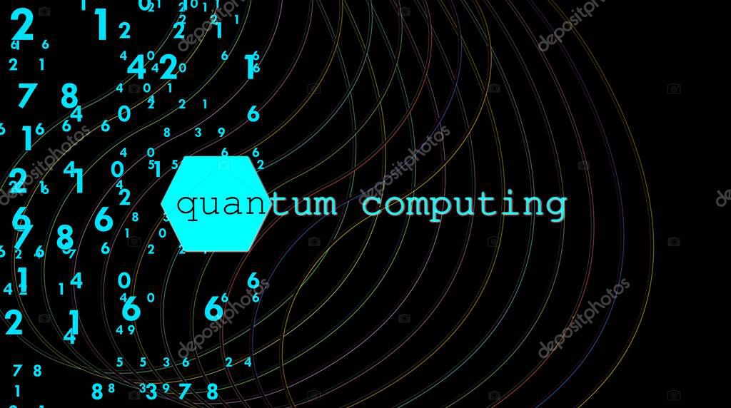 Illustration is referring to new technologies and technological innovation. Dark background with random numbers and curved lines. Quantum computing, based on cubits, new algorithms. Speed computation.