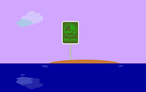 Lonely island. WiFi free zone sign. Illustration, poster, blue graphic of sea water, logo WiFi 6 WLAN High Efficiency Wireless. New protocols in development. Telecommunications.