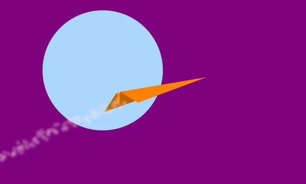Contrails in the Sky. Chemtrail conspiracy theory. Trails. Orange paper airplane on lilac and moon background. Cheerful illustration. Reference to travel concept, fly, low cost.