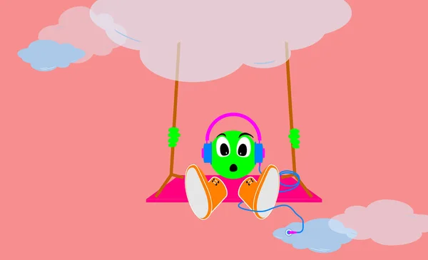 Illustration, Folder with digital sound files in the cloud. Headset graphic. Cartoon, drawing with surprise facial expression. Listening to music at height, on a swing. Hosting, virtual data server.
