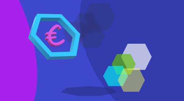 Illusztráció Valuta Euró Absztrakt Grafika Meleg Színes Izolált Hatszögekben Sötét — Stock Fotó