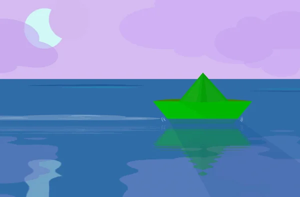 Ilustración Nocturna Gráfico Colorido Dibujo Digital Barco Papel Navegando Mar — Foto de Stock