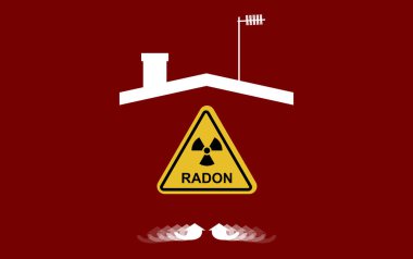 Radon, dünya çapında kapalı hava kalitesini etkileyen bir kirletici. Resim, ev, çatı, baca, anten ve boş yönlü oklar. Evde olası bir birikim riski var..