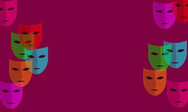 Kimliğini gizle, yüzünü gizle. Tiyatro, eski komedi. Burgundy arka planının aksine çeşitli yumuşak renklerde mistik maskeler. Uzayla illüstrasyon. Gizemli bir şekilde, gizli.