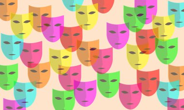 Kimliğini gizle, yüzünü gizle. Tiyatro, eski komedi. Turuncu arka planın aksine çeşitli yumuşak renklerde mistik maskeler. İllüzyon. Gizemli bir şekilde, gizli.