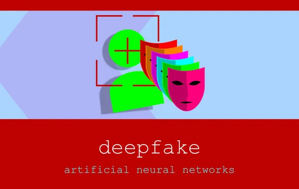 Acronym Deepfake, Deep Fake and false, profound learning. Replacing images using artificial neural networks. User icon illustration with various masks. Button on elegant blue background. Vanguard.