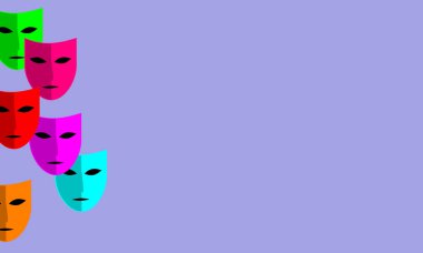 Kimliğini gizle, yüzünü gizle. Tiyatro, eski komedi. Leylak renginin aksine çeşitli güçlü renkte mistik maskeler. Uzayla illüstrasyon. Gizemli bir şekilde, gizli.