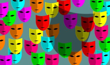 Gölge efektleri. Mavi arka planda renkli karnaval maskeleri. Güçlü renkler. Kimliğini gizle, yüzünü gizle. Tiyatro, eski komedi. Gizemli aromalı bir resim. Gizlinin özü