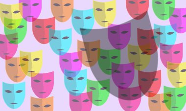 Gölge efektleri. Leylak arka planında renkli karnaval maskeleri. Yumuşak renkler. Kimliğini gizle, yüzünü gizle. Tiyatro, eski komedi. Gizemli aromalı bir resim. Gizlinin özü.