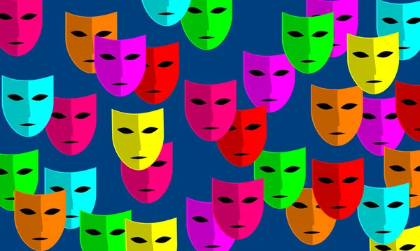 Camouflage the identity, hide the face. Set of colorful carnival masks on blue background. Theater, old comedy. Illustration with mysterious aroma. Essence of the hidden. Colorful in strong contrast.