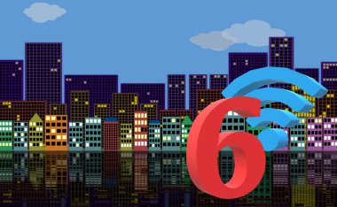 Teknolojik kaynaklar Wifi 6 bölge sembolü Wlan şehir merkezinde ve suya yansıyor. Yüksek Verimlilik Kablosuz. Telekomünikasyon Yeni Nesil Ağ Bağlantısı. 3d Görüntü.