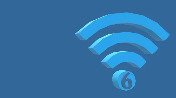 Technological resources WiFi 6 zone symbol WLAN, isolated. High Efficiency Wireless. New Generation Network Connectivity. 3D Illustration. Logo, text and background block in combination of blues.