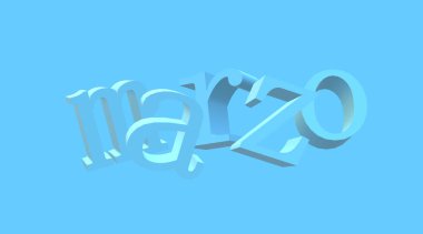 Mart, yılın üçüncü ayı, İspanyolca metin. Zaman, tarih, takvim. Eğlenceli perspektifli 3D Illustration. Tasarım bloğu, harfler ve arkaplan Akdeniz mavisi tonlarında.