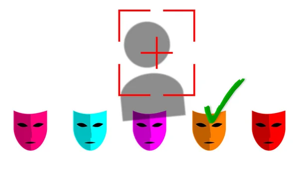 尖刻的假名 深假名 深奥的学问 用人工神经网络替换图像 带有各种面具的用户图标说明 检查选项标记 白色背景中的图表 — 图库照片