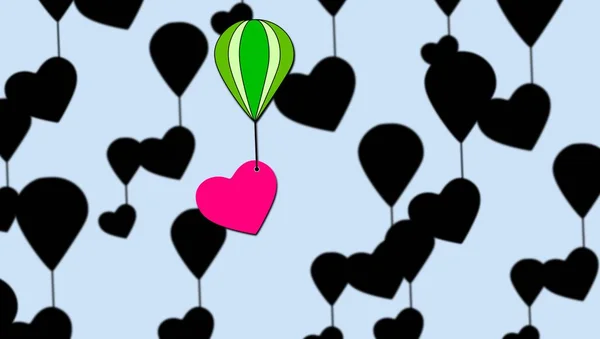 Flight on strong contrasts between colors and shadows of different sizes. Group of hearts flying in a hot air balloon. Illustration on light background. Feelings in the air.