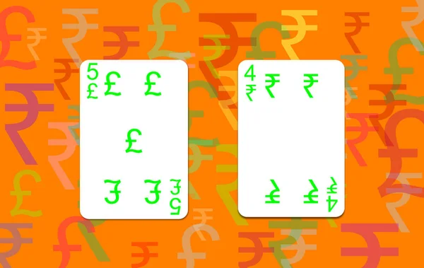 British sterling pound symbol, the playing card 5. Currency GBP. Indian rupee sign, the playing card 4. Currency INR. Illustration, coin of legal tender with transparent random emblem background.