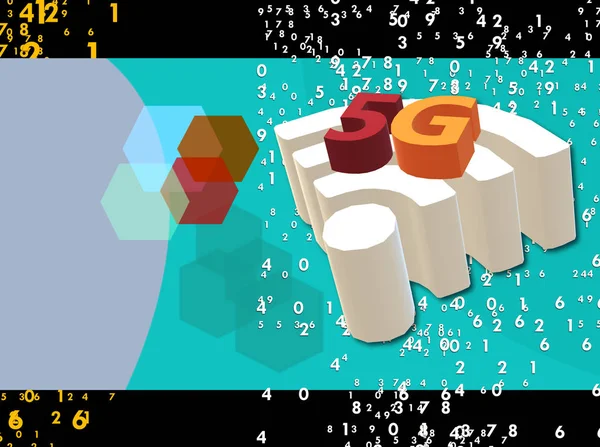 电信第五代网络连接 5G新协议 手机移动通信 3D插图 海报设计与充满活力的色彩和随机数 摘要背景 — 图库照片