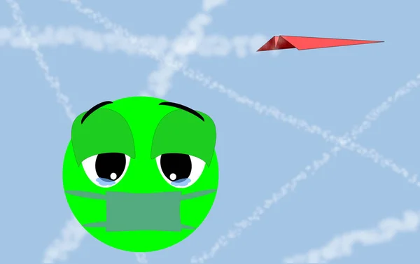 在天空中的入口 Chemtrail阴谋论 在云层之间的小道上 红色纸飞机 在空气中的沟槽 带着悲伤表情的娃娃 带面具的绿色情感 — 图库照片