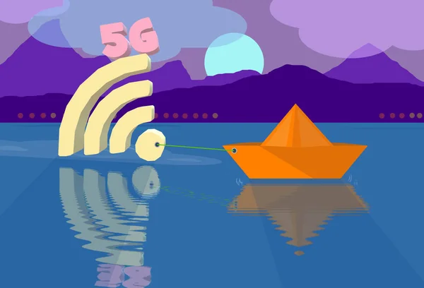 手机移动通信 网络连接性 3D图解 由纸船拖曳的图标 海岸上的山脉和灯光 水中的倒影 海洋景观 — 图库照片