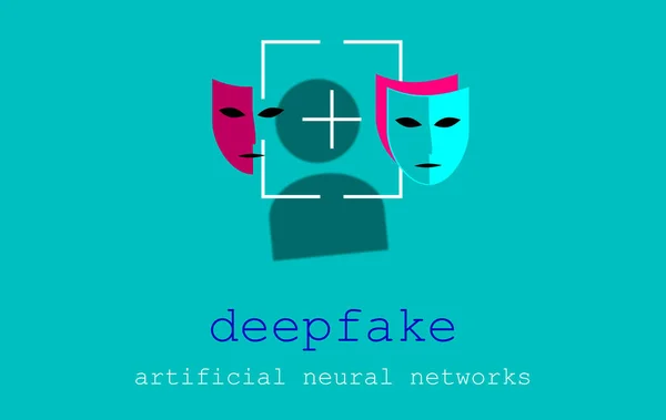 Acronym Deepfake Deep Fake False ディープラーニング 人工ニューラルネットワークを使用して画像を置き換える 様々なマスクを持つユーザーアイコンイラスト エレガントな緑の青の背景のボタン — ストック写真