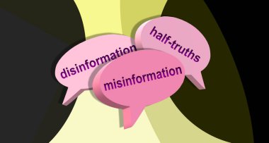 Three speech bubbles. Disinformation, half-truths and misinformation in dialog balloons. 3d illustration combining light tones and dark background with abstract effect, creating a strong contrast. clipart