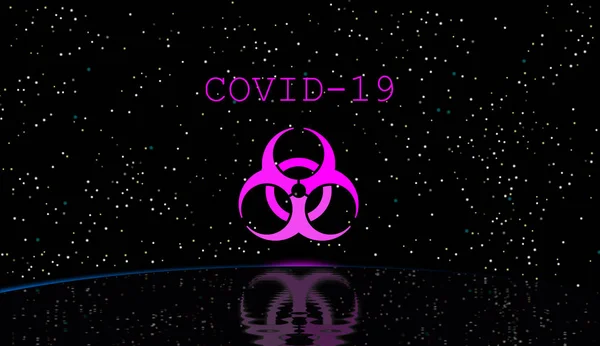 Covy バイオハザードの兆候危険 健康への脅威 微生物 ウイルスや毒素 建物内のシンボル および水の反射 イラスト 闇と星 — ストック写真
