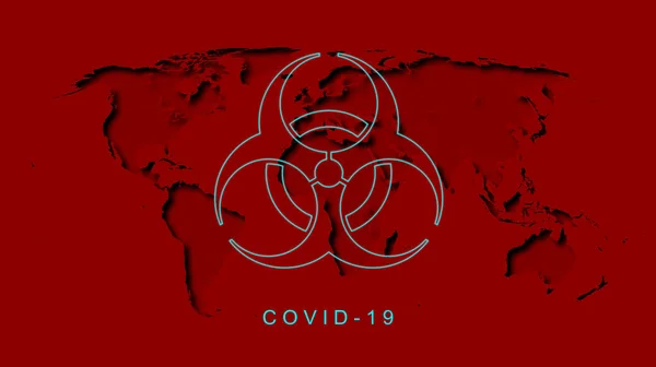 Covid-19. Salgın. Uluslararası Halk Sağlığı Acil Servisi. Pheic. Virüs sembolü ile illüstrasyon, mavi ile neon etkisi. Arka planda gezegenin haritası. - Kırmızı. Reklam..
