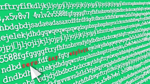Bilgisayar güvenliği jargonunda, sıfır gün sömürü. Hassasiyet hesaplanıyor. Rastgele harflerin 3 boyutlu çizimi ve poster tasarımı kavramının altını çizmek. Fare oku. Bakış açısı ve derinlik.