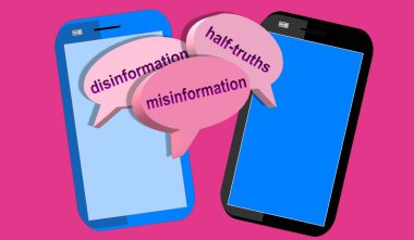 Mobile phones, false communication. Three speech bubbles. Disinformation, half-truths and misinformation in dialog balloons. 3d illustration with strong tones. Danger. Falsehood, fib, lies. clipart