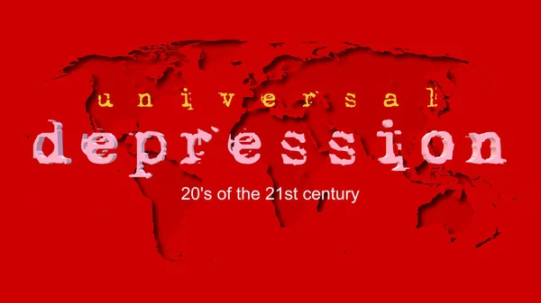 Universal in text on red world map. 20\'s of the 21st century. 3d illustration of Economic depression. Social and economic impact of the Covid-19. Economy.