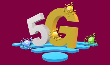5G mi? 3D Resim, ikon temsilcisi. Grafik ve harfler. Sarı ve beyaz renkler, büyük kontrast. Coronavirus 'un renkli poster tasarımı. COVID-19. Simüle edilmiş virüs çizimi grubu.
