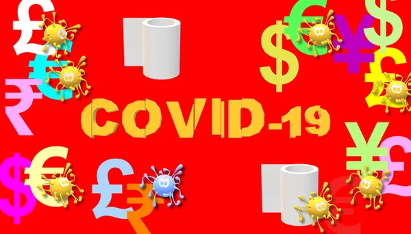 Covid 19テキスト コロナウイルスの経済への影響 ユーロ ポンドスターリング ドルとインドルピーの通貨記号 ランダムに配置されたコインとトイレットペーパーのロールと3Dイラスト — ストック写真