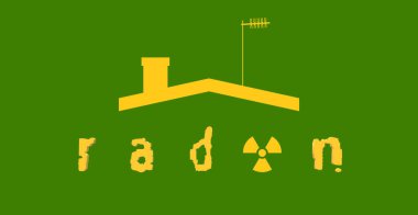 Radon, a contaminant that affects indoor air quality worldwide. 3D illustration, green and yellow. Silhouette of a house, roof, chimney, antenna and text. Risk of possible accumulation inside the home clipart