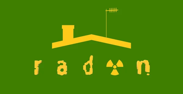 Radon, dünya çapında kapalı hava kalitesini etkileyen bir kirletici. Üç boyutlu illüstrasyon, yeşil ve sarı. Bir evin silueti, çatı, baca, anten ve metin. Evde olası bir birikim riski var.