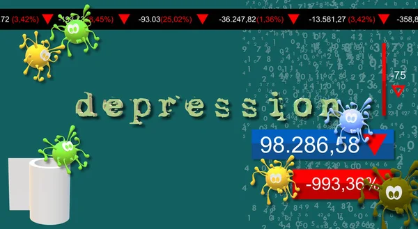 Negative values and random numbers in the background. Stock market graph 3d illustration of depression. Social and economic impact of the Covid-19. Economy. Simulated virus drawing.