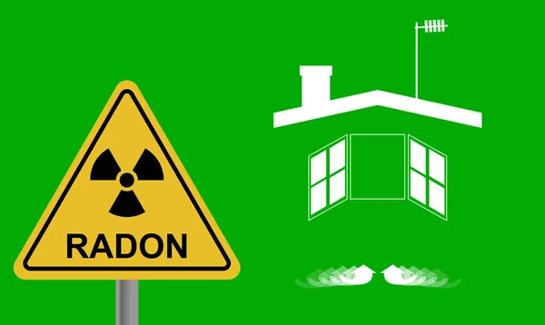 Bir evin silueti, çatı, baca ve anten. Alarm sinyali, tehlike. Radon, dünya çapında kapalı hava kalitesini etkileyen bir kirletici. Arka plan radyasyonuna atıfta bulunan bir resim. Soy gaz.