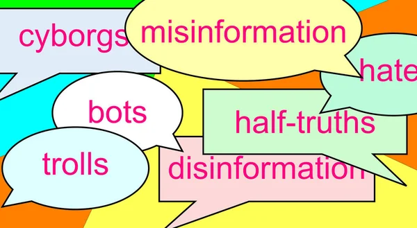 Een Paar Spraakbubbels Bots Haters Trollen Cyborgs Desinformatie Halve Waarheden — Stockfoto