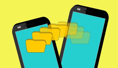 Cep telefonları bilgi alışverişi yapıyor. İki cep telefonu ve dosya klasörü. Renkli çizim, teknoloji.