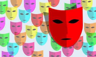 Karnaval. Kimliğini gizle, yüzünü gizle. Tiyatro, eski komedi. Maske takımı. Görüntü, gizemli aroma. Gizlinin özü. 