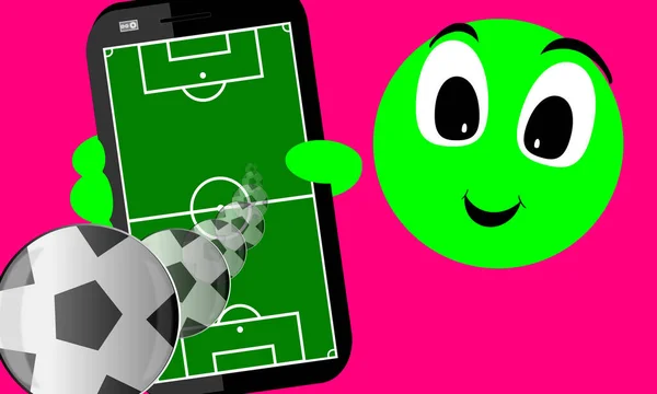 Green Doll Showing Mobile Screen Expression Face Playing Field Soccer — Stock Photo, Image