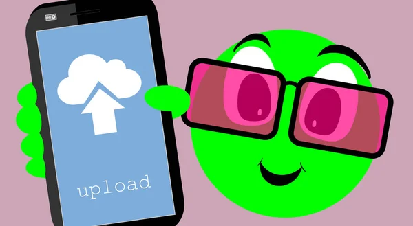 Groene Pop Die Het Mobiele Scherm Toont Uitdrukking Gezicht Cloud — Stockfoto